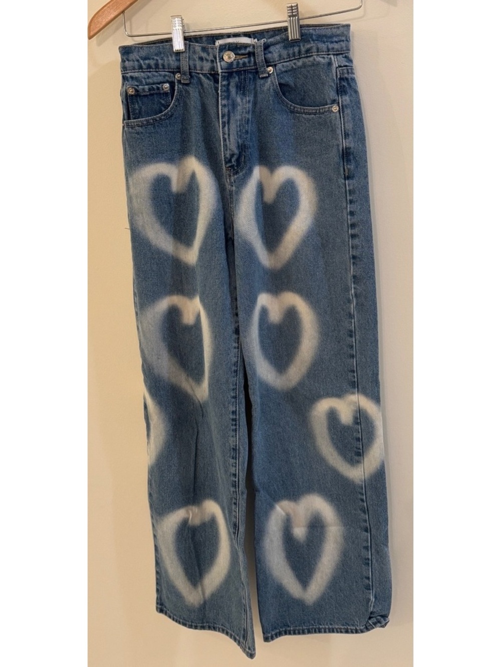 Adika Blue Denim Jeans with White Heart Spray Paint Design, Size Small
